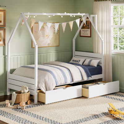 Cadre de lit simple pour enfant avec tête de lit simple Montessori, 2 tiroirs de rangement, aucun sommier nécessaire, assemblage facile, blanc