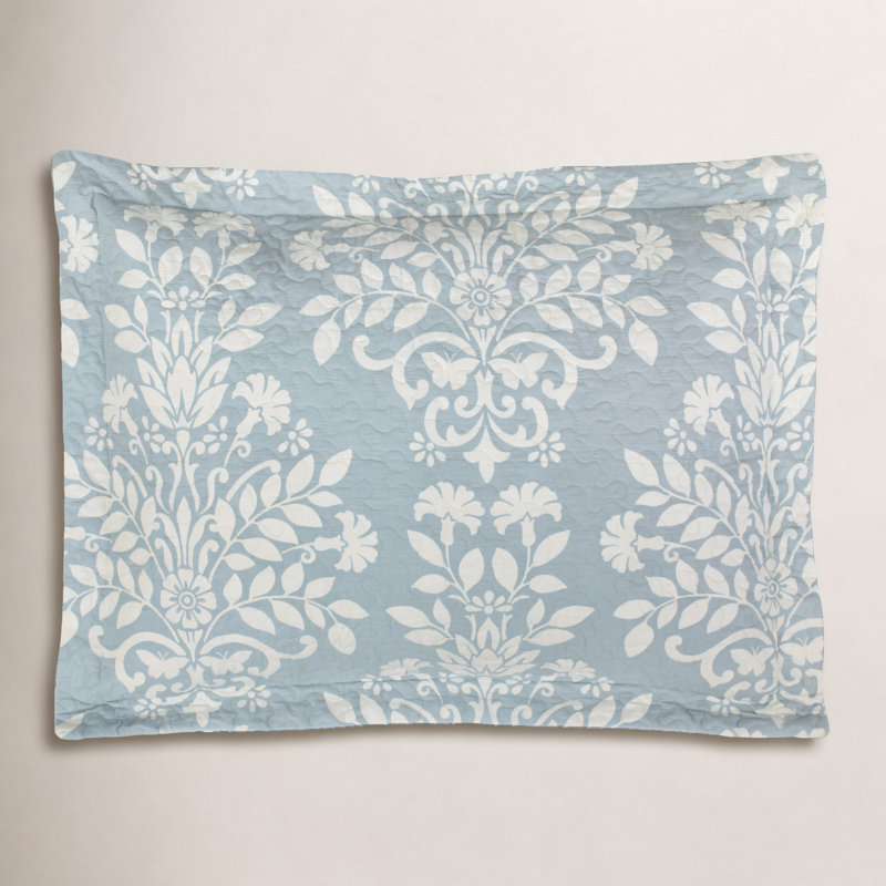Laura Ashley Rowland Cotton Reversible Quilt Set, King Coverlet + 2 King Shams, Light Blue