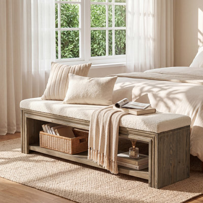 55-in吃" Wooden Upholstered Bed Bench with Storage, Rustic End Of Bed Bench with Teddy Fleece Cushion  for Bedroom 