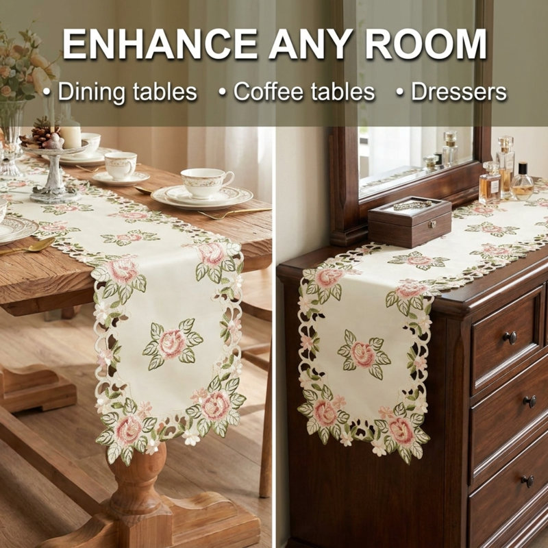 Cream Lace Table Runner with Embroidered Cutwork of Bryton Collection for Dining Table or Christmas Decor