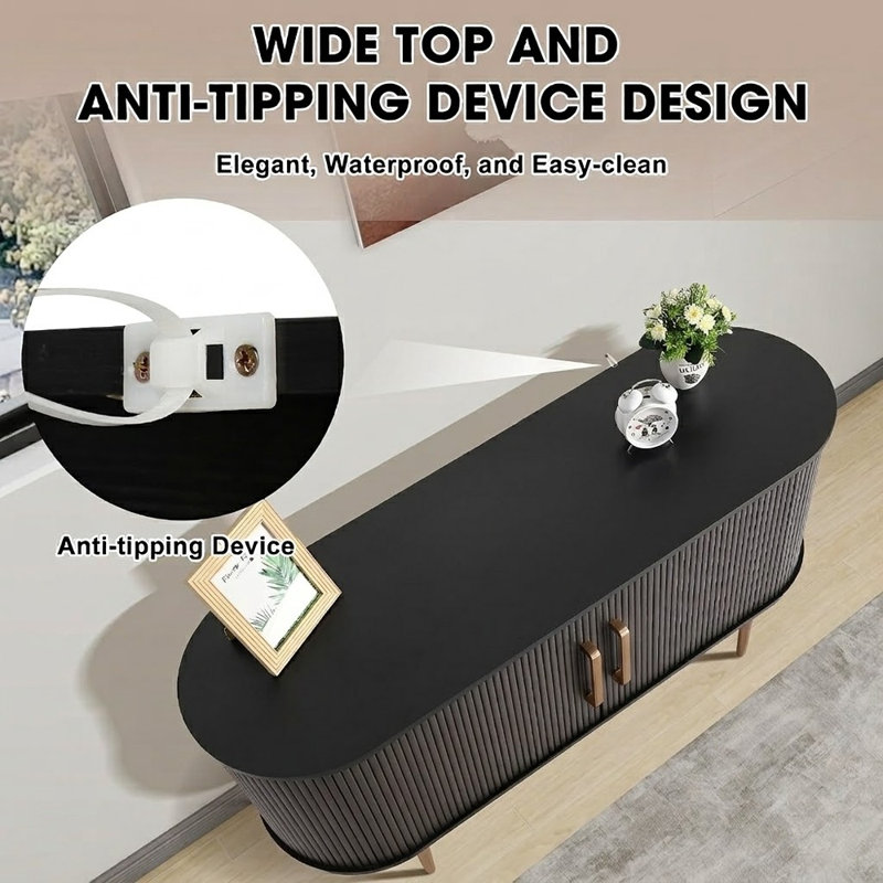 Buffet tambour avec porte coulissante cannelée et poignées en bronze – Noir