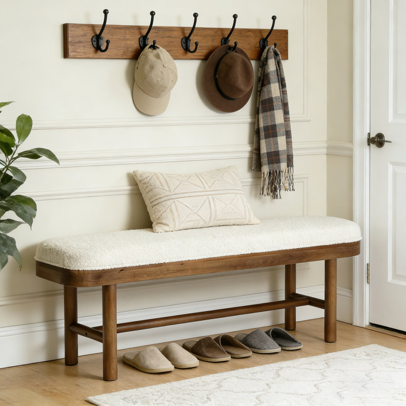 Banc de 55 pouces pour hall d'entrée rembourré, banc à chaussures en bois massif avec coussin pour hall d'entrée, couloir, chambre à coucher,