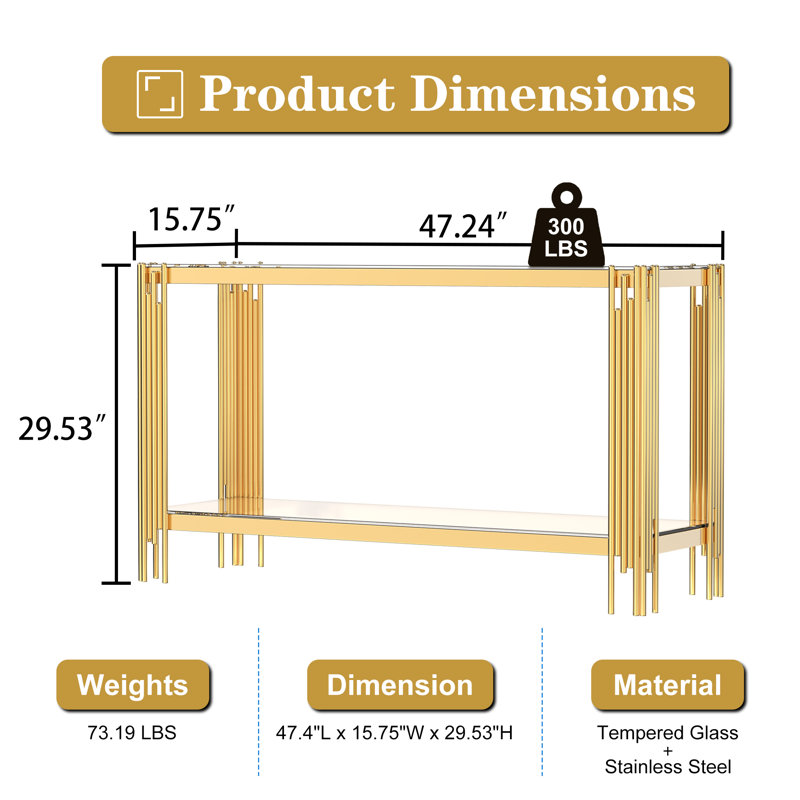 Top And Bottom Double Layer Tempered Glass Console Table And Mirror Finished Stainless Steel Frame, Gold, Clear