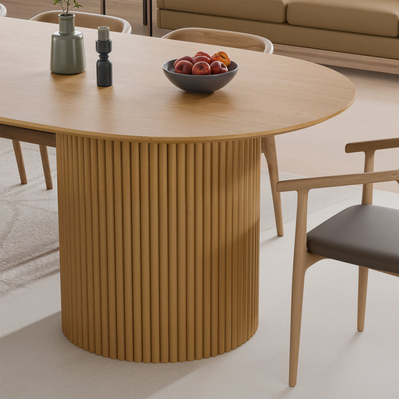 86“ Wood Oval Dining Table Kitchen Table for 10 with 2  Cylinder Pedestals, Natural