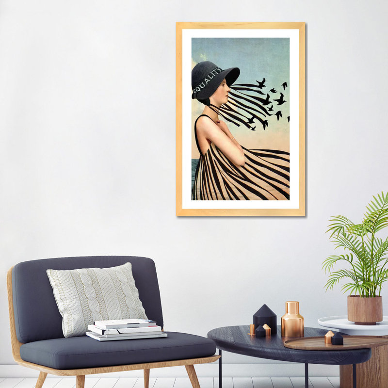 Égalité par Catrin Welz-Stein - impression d'art graphique, H 32 po x l 24 po x P 1 po, Blanc, Toile avec cadre en bois beige