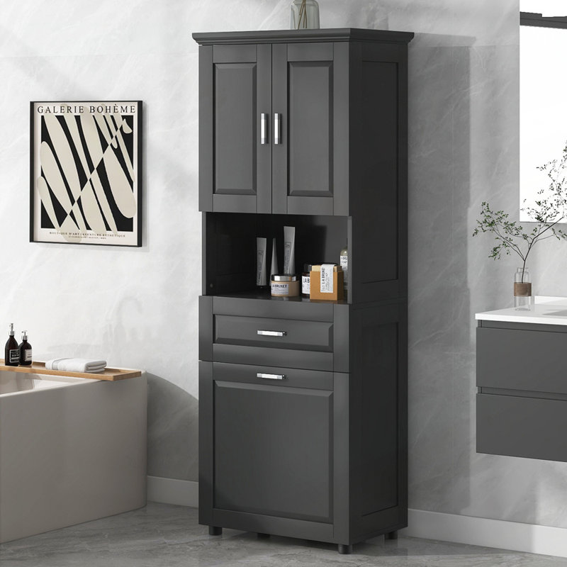 Grande armoire de salle de bain avec panier à linge, grand espace de rangement et panier inclinable pour une vie organisée