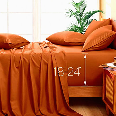 Luxury Ultra Soft Microfiber Caramel Pumpkin Sheets - 6 Piece Set - Extra Deep Pocket - Fits 18-24" Mattress - 1800 Thread Count - Hotel Quality - King Size