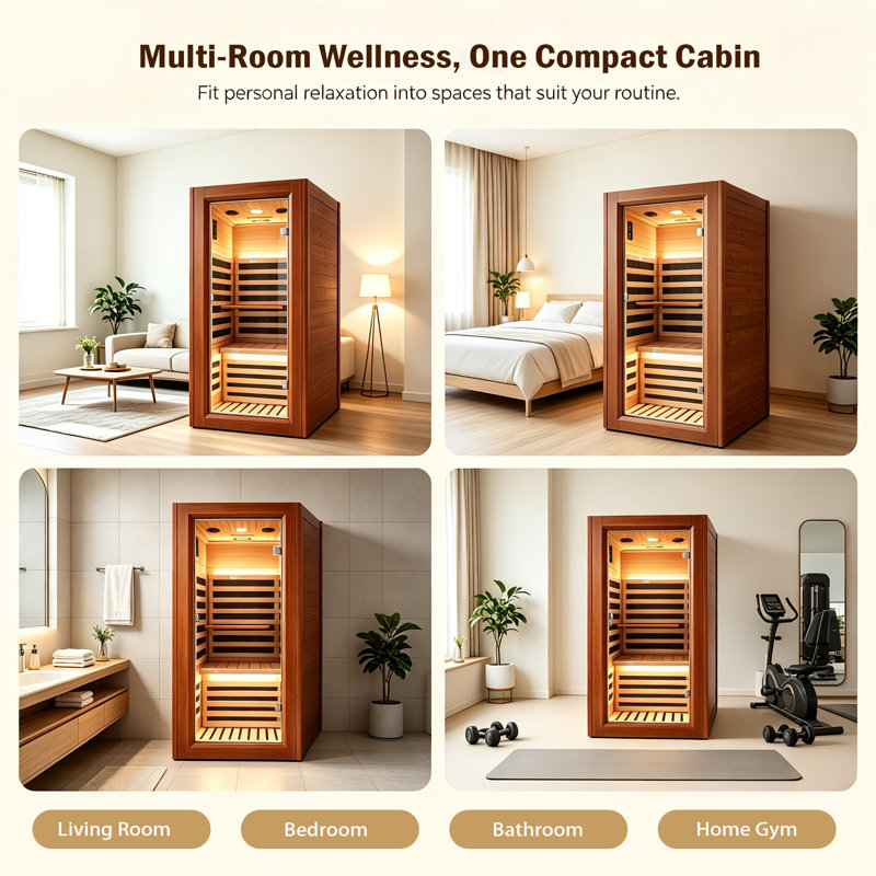 Sauna infrarouge lointain 1 personne en bois d'okoumé africain – Sauna sec intérieur 1020 W 110 V avec panneaux en graphène, chauffe-pieds, chromothérapie et haut-parleurs Bluetooth