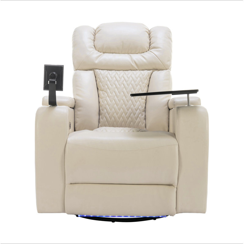 270 Degree Swivel PU Leather Power Recliner Individual Seat Home Theater Recliner With Tray Table,  Phone Holder, Cup Holder,  USB Port, Hidden Arm Storage For Living Room, White