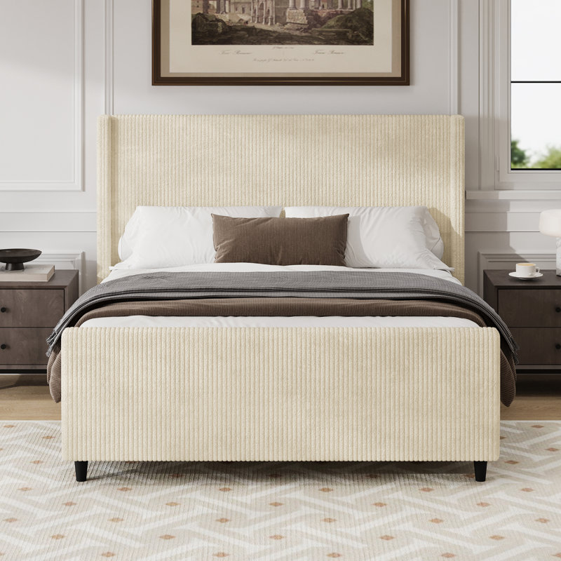50.7" Queen Corduroy Upholstered Platform Bed with Wingback High Headboard & Footboard, No Box Spring, Queen