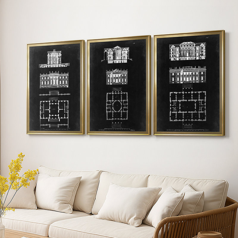 "Graphic Building & Plan IV" - Toile tendue avec châssis sur mesure - 3 pièces, H 15 po x l 19 po, Doré