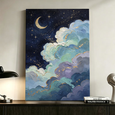 1-Piece Framed Canvas Wall Art, 24" x 36",Night sky with crescent moon and stars, clouds in soft hues, Gold-leaf accents. [Oil painting style].,Modern Wall Decor for Bedroom, Living Room & Home