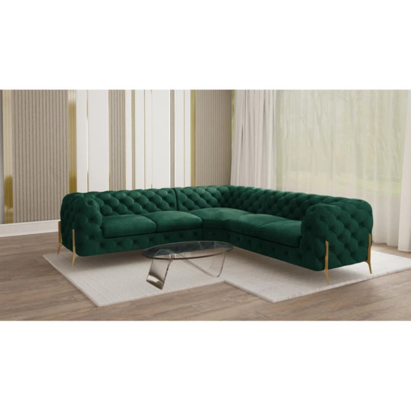 Chesterfield Corner Sofa L-Shape  with Gold Metal Legs, Bottle Green