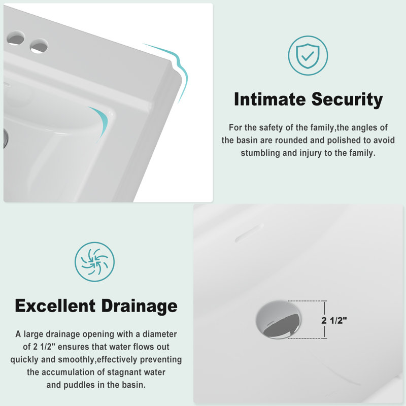 Lavabo de salle de bain piédestal en céramique blanc moderne - 26 po x 22 po Lavabo rectangulaire autoportant avec trop-plein - Gain de place pour la salle de bain - 3 trous de robinet pré-percés - Dosseret