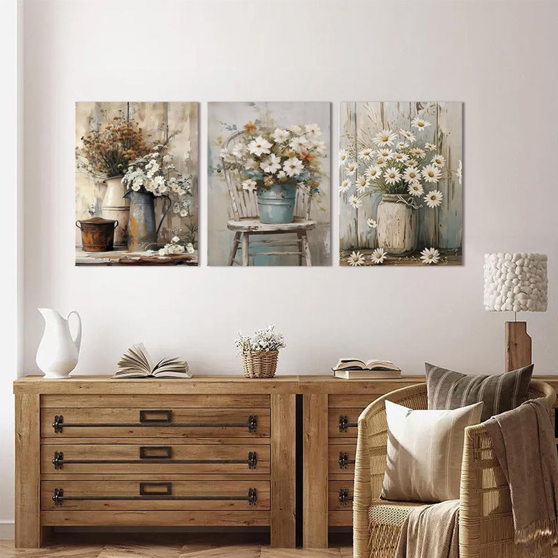Rustic Farmhouse Floral Daisy Canvas Wall Art Set Of 3 Vintage Country Flower Posters Wall Decor Wood Grain Paintings Print Rustic Decor Artwork For Bathroom Living Room Bedroom 16X24 In Framed