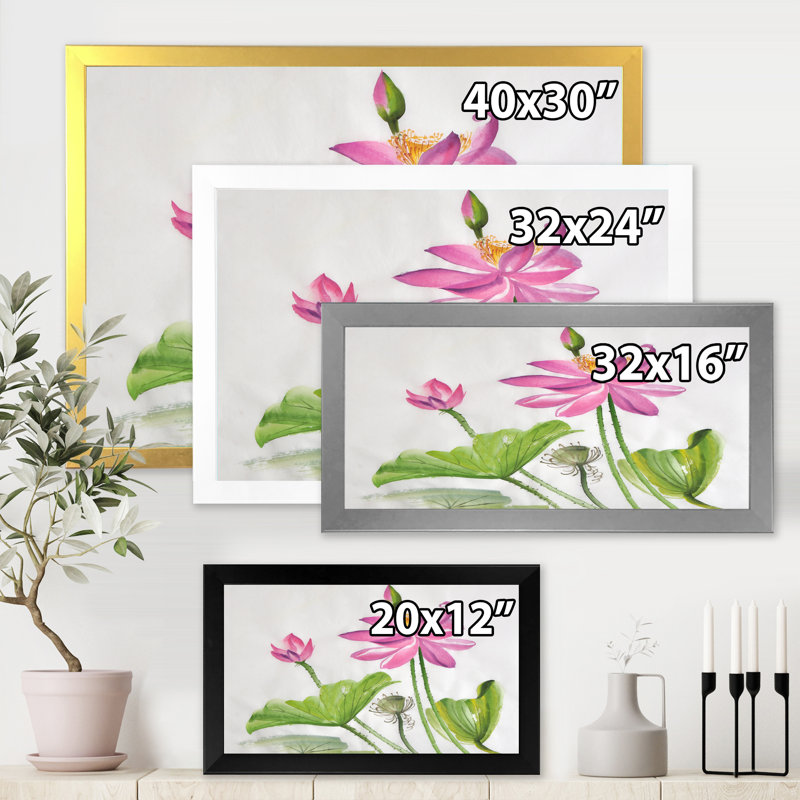 Deux fleurs de lotus roses - Peinture sur toile, H 24 po x l 32 po x P 1 po, Cadre blanc