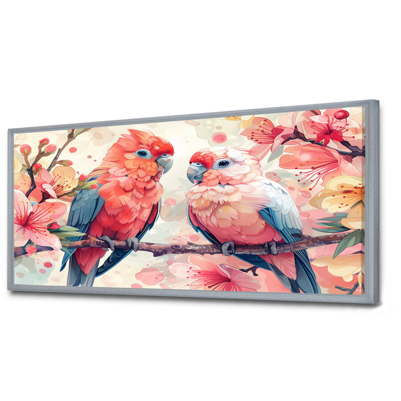 Rose, vert, perroquet, oiseaux amoureux I - perroquet, art mural, salon, Toile argentée avec cadre flottant