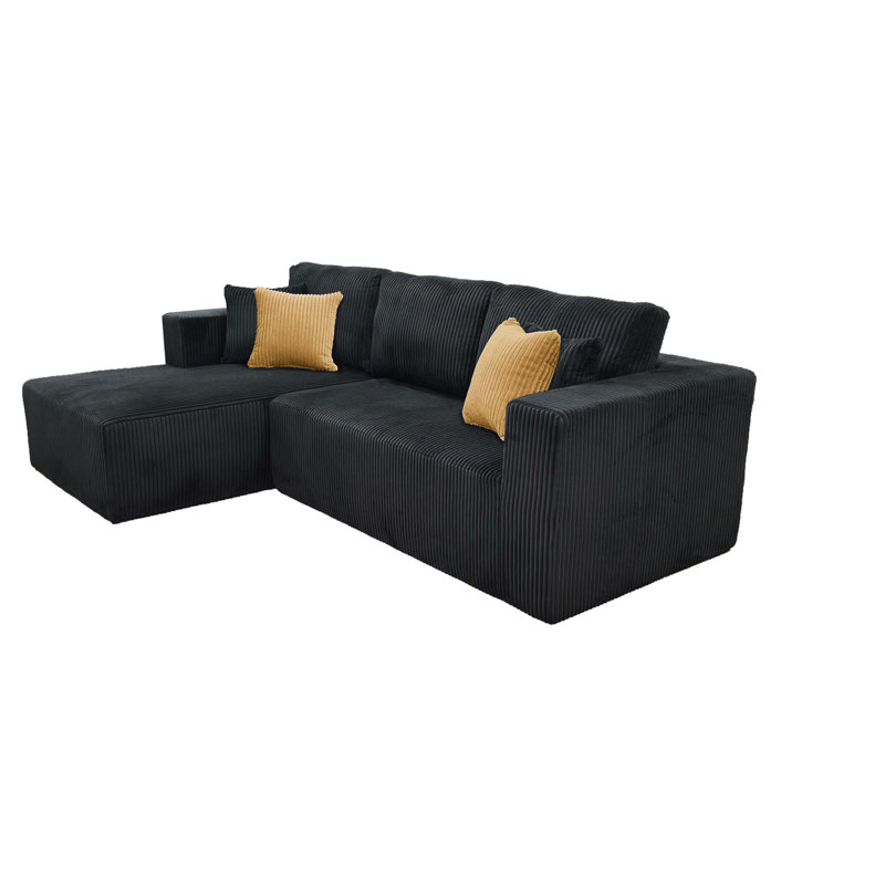 Full Compressed Corduroy Upholstered Sectional - No Assembly Needed, Left Hand Facing, Black Corduroy