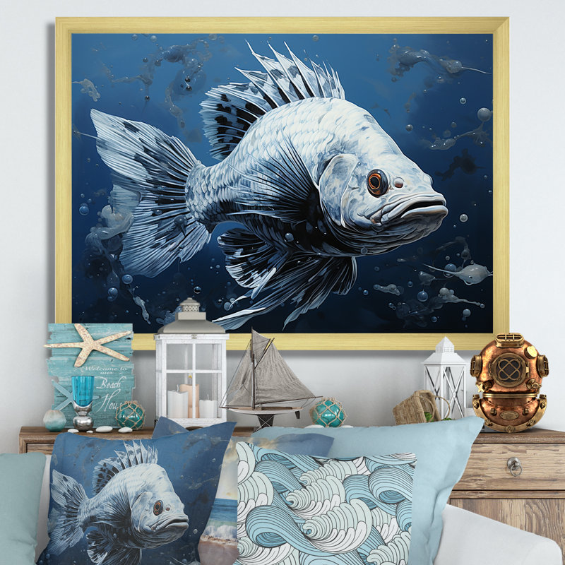 Fish In The Deep Blue  II - Fish Wall Art, Gold Single Picture Framed, 12" H x 20" W x 1.5" D