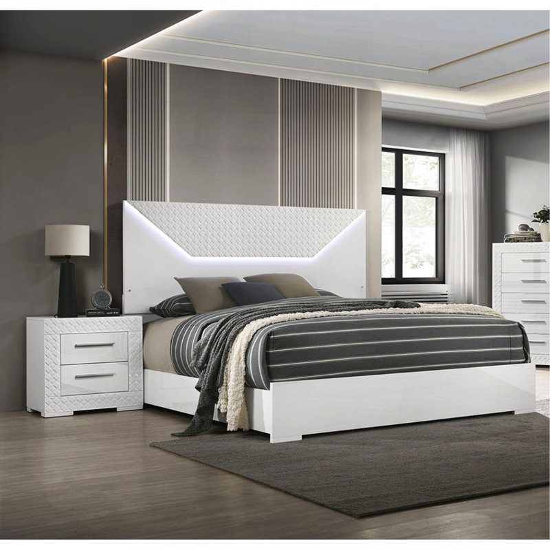 3Pc Bedroom Set White High Gloss Finish Bed 2X Nightstands LED Headboard Furniture