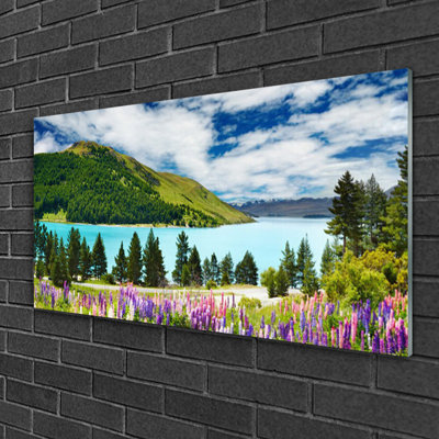 Landscape Mountain Forest Lake Meadow 1 Piece Wall Art on Glass