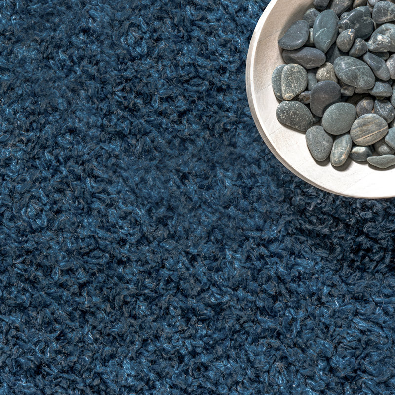Hollier Modern Power Loom Performance Shag Tasseled Blue Rug, Rectangle 11' 2" x 15'