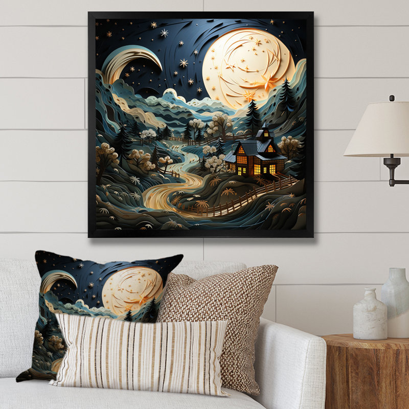 Paysage avec grange au clair de lune - impression, Cadre simple noir, H 16 po x l 16 po x P 1 po
