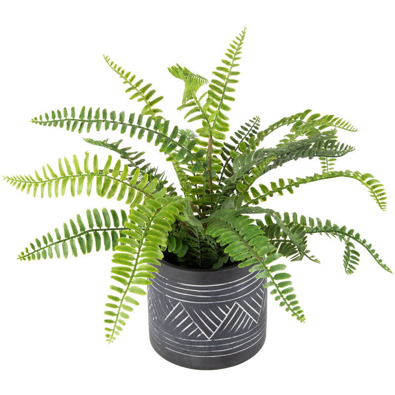 12'' Green Faux Fern Plant in Charcoal Aztec Ceramic Pot