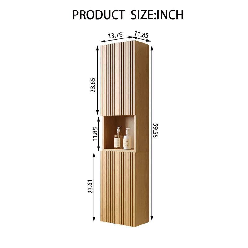 59" Tall Bathroom Wall Mounted Cabinet, Natural