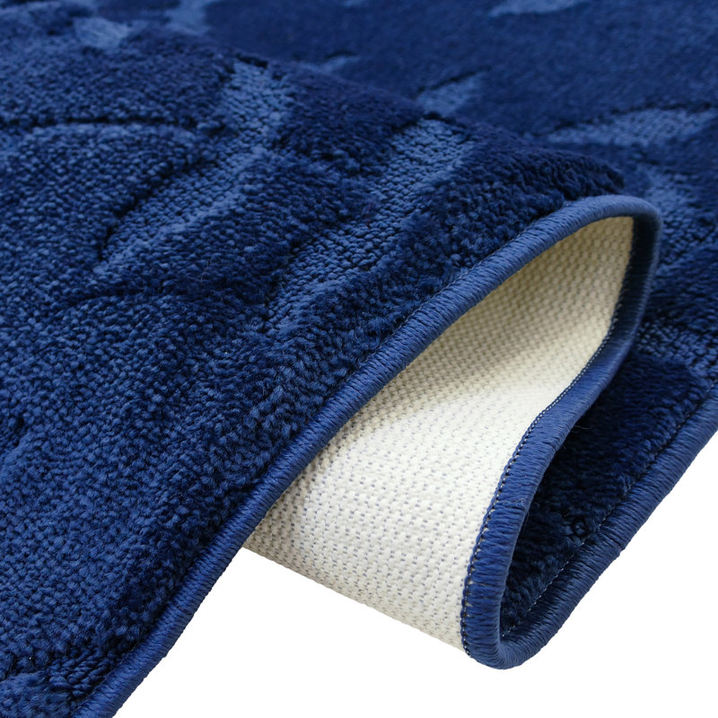 Antibacterial Soft Touch Anti Slip Rug Leaves Navy Design Adjustable Size, Runner 2'2" x 7'