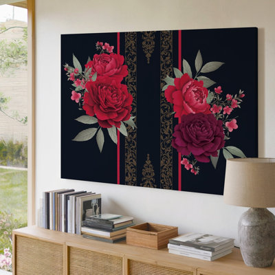 Toile d'un design visuellement saisissant mettant en vedette un ensemble captivant d'art mural vibrant de fleurs rouges avec de grandes pivoines luxuriantes le long de l'art mural sur toile