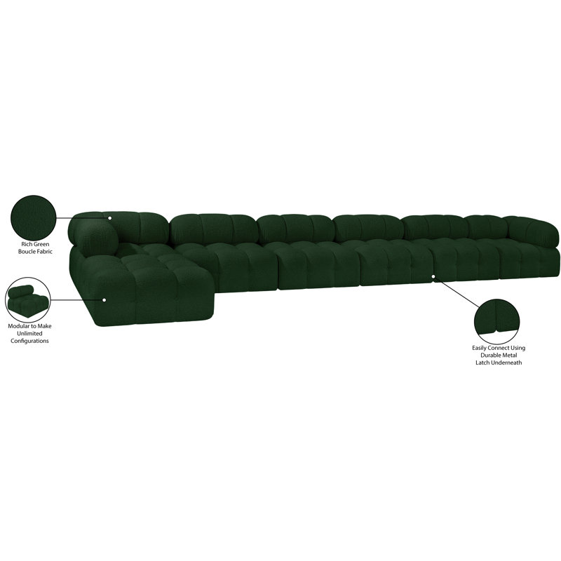 Ames Upholstered Sofa, Green Boucle Fabric, 4 Armless, 2 Corner, 1 Ottoman