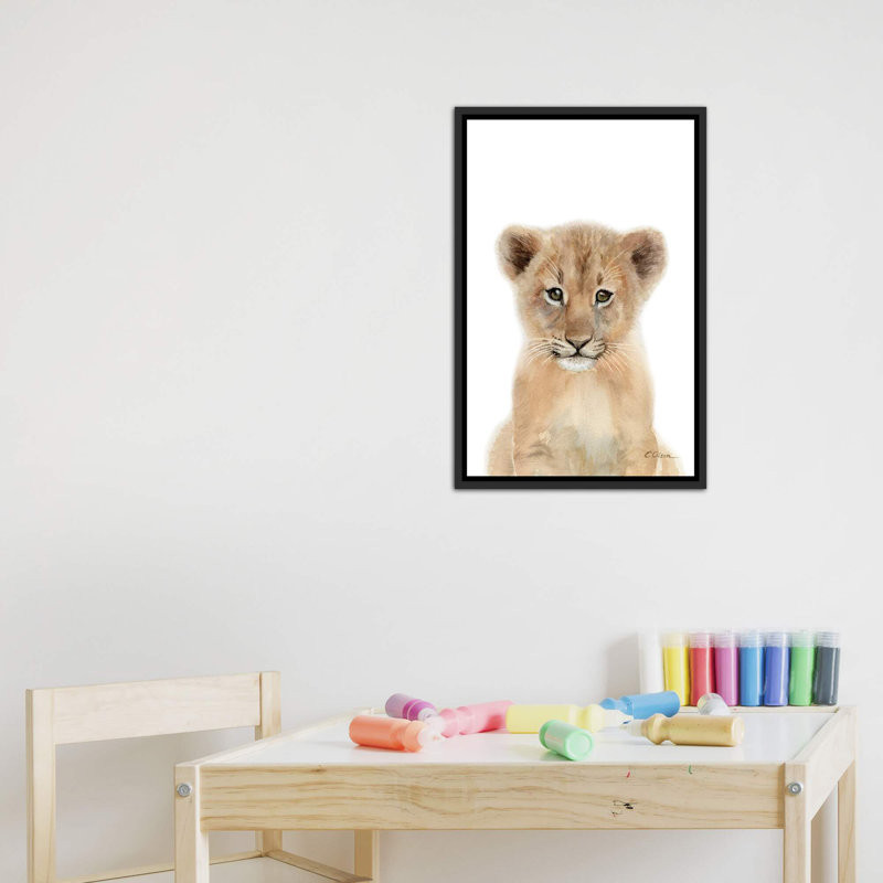 Bébé lionceau - reproduction d'art, H 26 po x l 18 po x 1,5 po, Toile avec cadre noir patiné, Pas de tapis