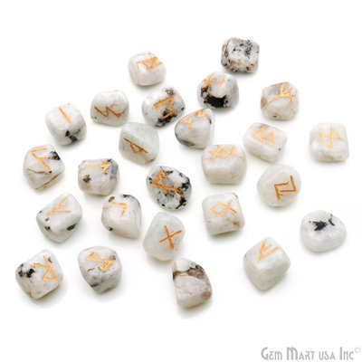 Rainbow Moonstone Rune Stones, 25 Piece Natural Gemstone Set, Spiritual Symbol Rune Stones