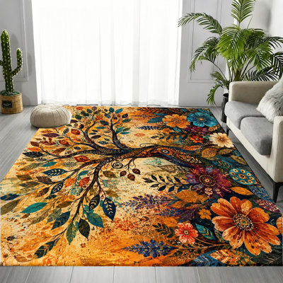Tapis floral coloré à motif d'arbre de vie coloré, motif artistique artistique, tapis doux antidérapant durable et lavable à la machine, décoration intérieure élégante pour le salon, la chambre à coucher, le bureau, l'entrée