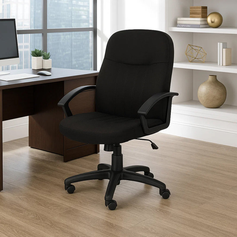 Hugh Mid-Back Manager Chair With Rolling Base, Black Crepe Fabric