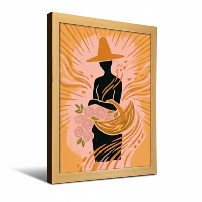 Abstract Silhouette Woman Hat Flowers Sunburst Orange Background Art