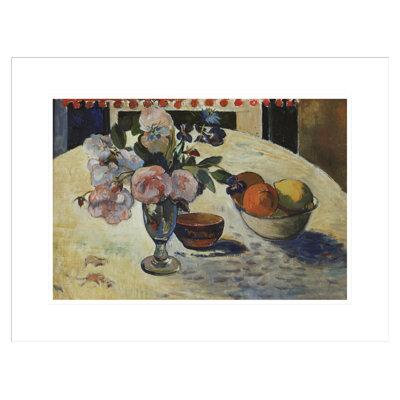 «Flowers and a Bol of Fruit on a Table» par Paul Gauguin - Reproduction giclée encadrée