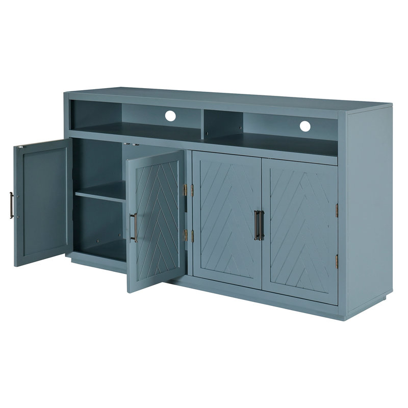 Buffet classique à 4 portes avec rangement ouvert et tablettes réglables parfaites pour les cuisines et les salons, Bleu fumé