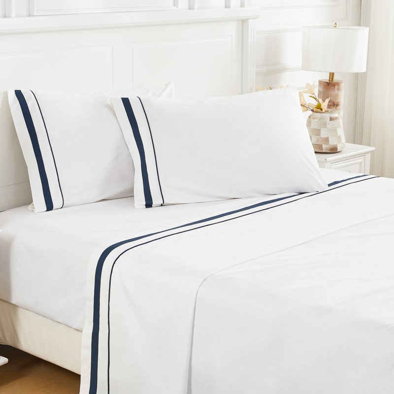 Classic Double Border Sheet Set, California King Sheet Set with 2 Pillowcases, Navy