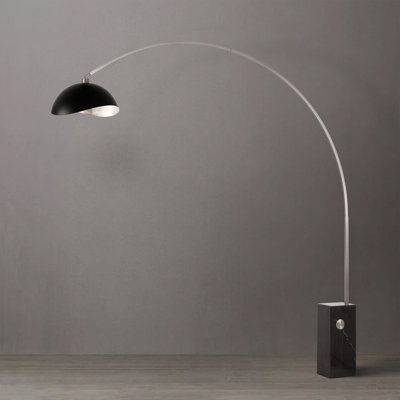Iconic 95" Mid-Century Modern Arc Lamp - Satin Nickel Steel Body, Black Marble Base, Half-Dome Matte Black/Silver Steel Shade, Dimmable, Smart Home Compatible