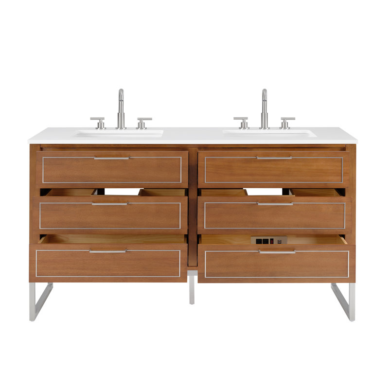 Markham 60'' W Double Vanity, Walnut, White Quartz, Brushed Nickel