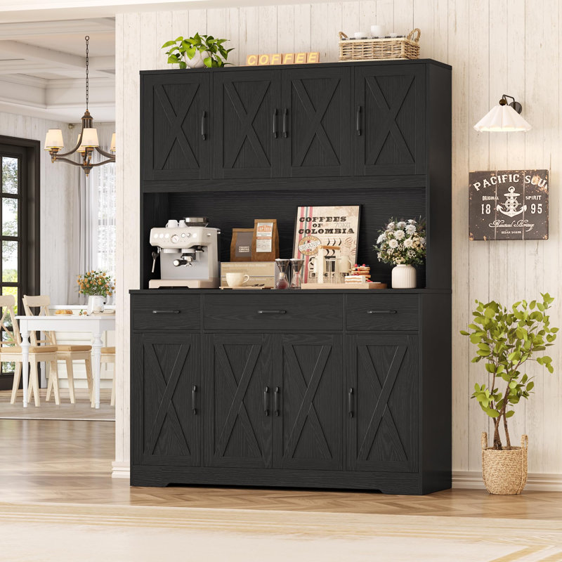 Garde-manger 71 po x 55 po avec station de charge, support pour micro-ondes et tiroirs de rangement 71 po x 55 po, Noir