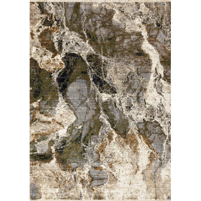 5' X 8' Black Dark Green And Beige Abstract Area Rug