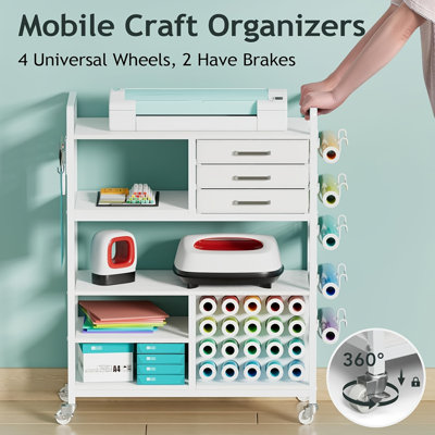 Compatible avec un chariot et une table de rangement - Chariot de rangement / Tablette roulante avec 20 porte-rouleaux en vinyle, 3 tiroirs en tissu, support d'accessoires, crochet à outils pour la maison, bureau