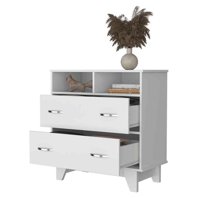 Commode à deux tiroirs Portobelo, deux tablettes, plateau supérieur, quatre pieds, Blanc
