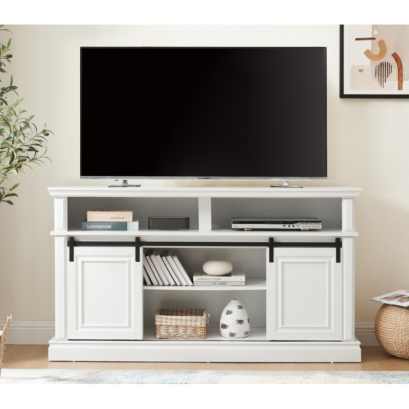 Console multimédia avec meuble de rangement, meuble télé de divertissement de style Mid-Century, meuble télé polyvalent avec porte coulissante