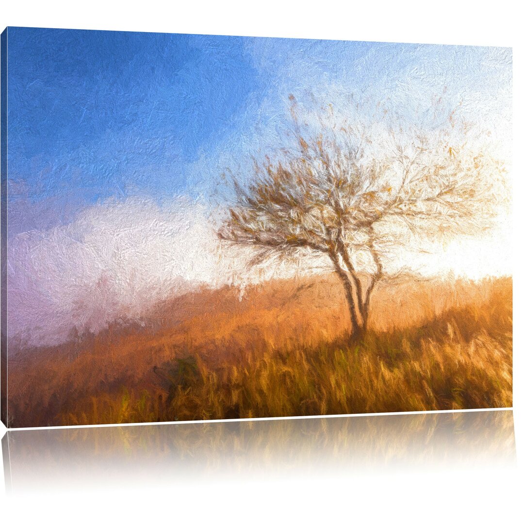 Leinwandbild Baum in Landschaft in Beige/Blau