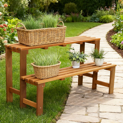 2-Tier Wood Plant Stand For Indoor And Outdoor Use, Durable Meranti Wood Construction With Teak Oil Finish, 24-Inch Plant Bench by Arlmont & Co.