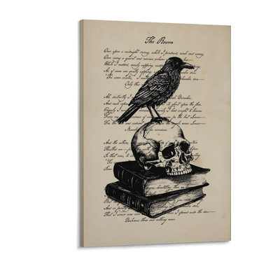 The Raven Skull And Books Edgar Allan Poe Canvas Printing Wall Art Gothic Vintage Illustration Prints Literary Poetry Wall Decor Posters for Living Room Bedroom Study 16x24inch(40x60cm)